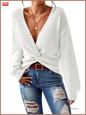 Women's Deep V Neck Twist Front Cropped Knit Sweater Pullover
